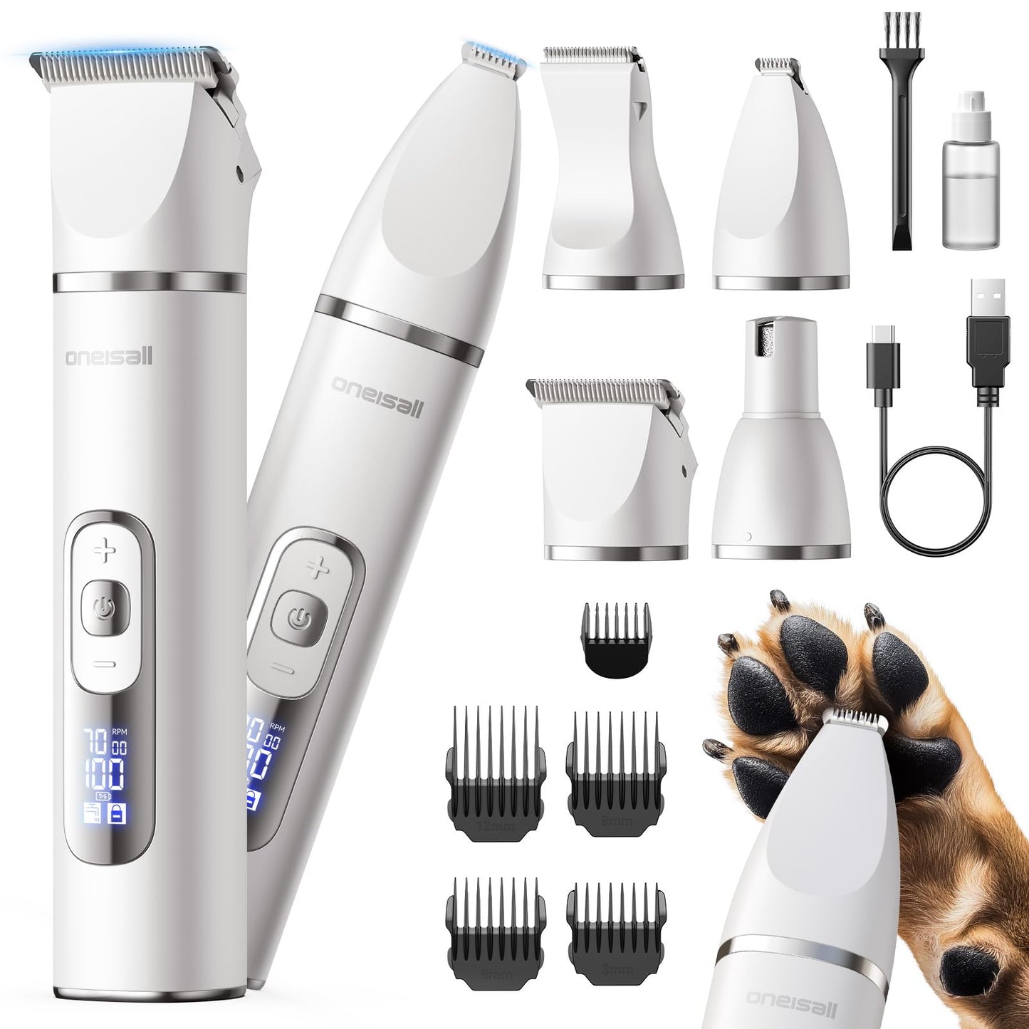 oneisall 4 in 1 Dog Grooming Kit with LCD Display, Dog Hair Trimmer for Paw Nail Grinder, Rechargeable Cordless Low Noise IPX7 Waterproof Pet Clippers (White)