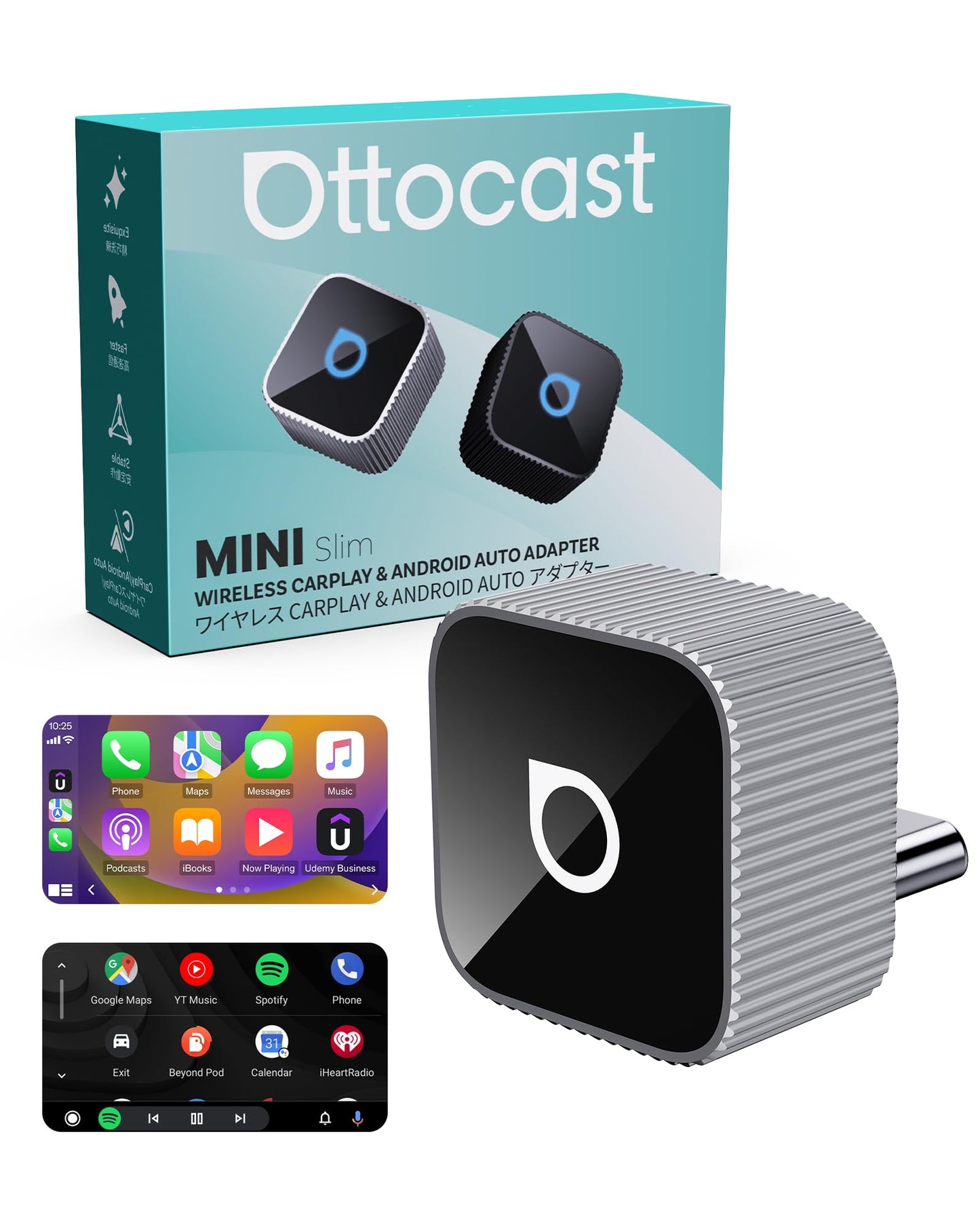 OTTOCAST Mini Cube 3.0 USB C Wireless CarPlay & Android Auto Adapter 2026– Plug & Play, Fast Auto-Reconnect (Silver)