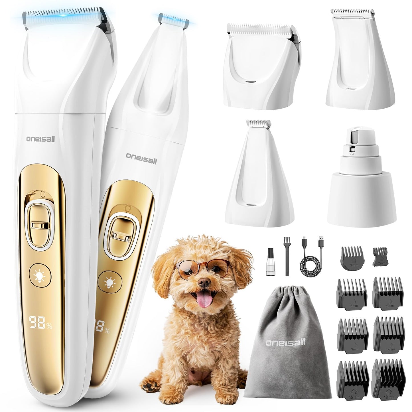 oneisall Professional Dog Grooming Kit at Home: All-in-One Quiet Clippers & Nail Grinder with LED Light, 2000mAh Cordless Dog Shaver, Safe Poodle Grooming Kit for Paws, Face, Ears & Body