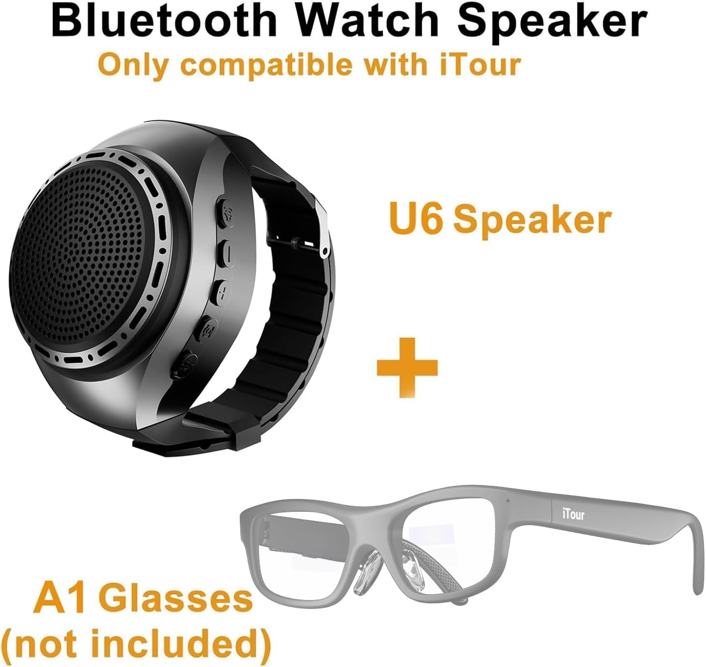 iTour U6 Bluetooth Speaker Watch with FM Radio, TWS, Selfie Function, Colorful Light Control, Portable Bluetooth Speaker for Motorcycle, Bike, Hiking, Running (Compatible with iTour A1 AR Glasses)