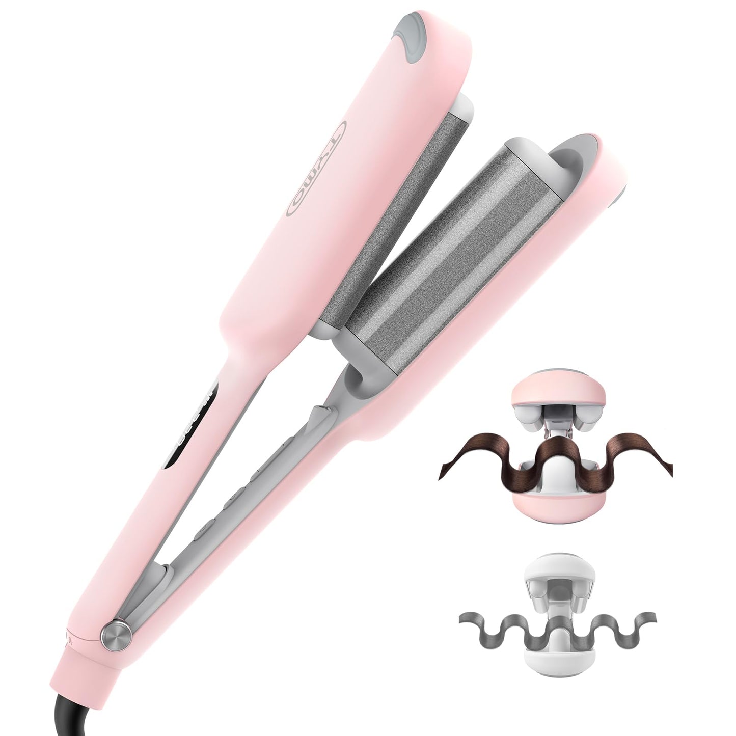 Curling Iron Hair Crimper Waver - TYMO ROVY Beach Waves Curling Wand, Ionic Deep Waver Hair Curler Tool with Ceramic 3 Barrel for Women, Dual Voltage, Anti-Scald, Easy to Use, Pink, 1 Inch