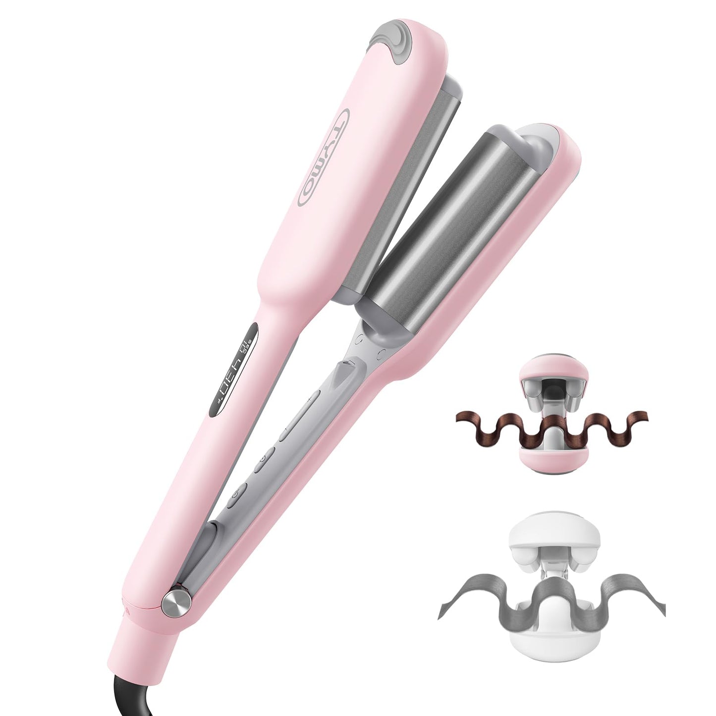Curling Iron Hair Crimper Waver - TYMO ROVY Beach Waves Curling Wand, Ionic Deep Waver Hair Curler Tool with Ceramic 3 Barrel for Women, Dual Voltage, Anti-Scald, Easy to Use, Pink, 1 Inch