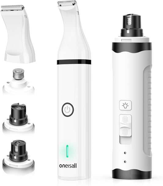 oneisall Dog Nail Grinder and Paw Trimmer Kit 3 in 1 Quiet Rechargeable Electric Pet Nail Grinder with 2 LED Lights and Cordless Dog Grooming Safe Clippers