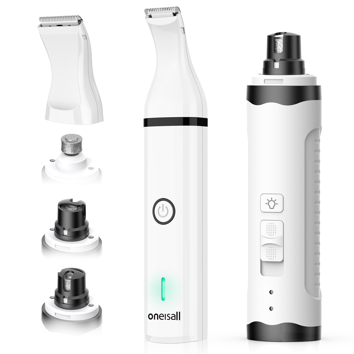 oneisall 2 in 1 Quiet Paw Trimmer and Dog Nail Grinder with LED Lights, 35dB Dog Paw Grooming Kit Rechargeable Cordless Pet Clipper